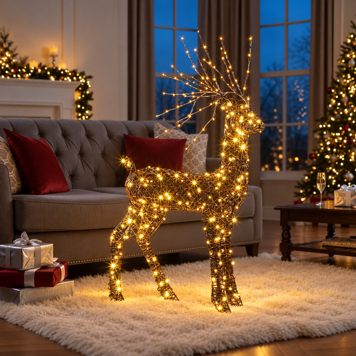 1.3M Brown Wicker Standing Stag with Branch Antlers