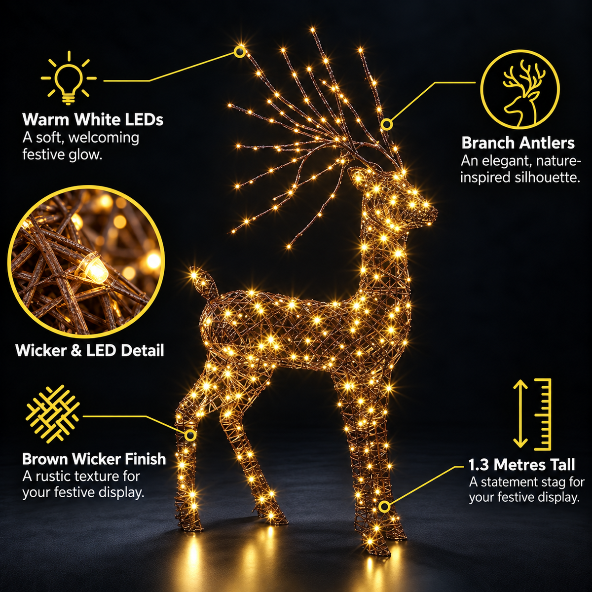 1.3M Brown Wicker Standing Stag with Branch Antlers
