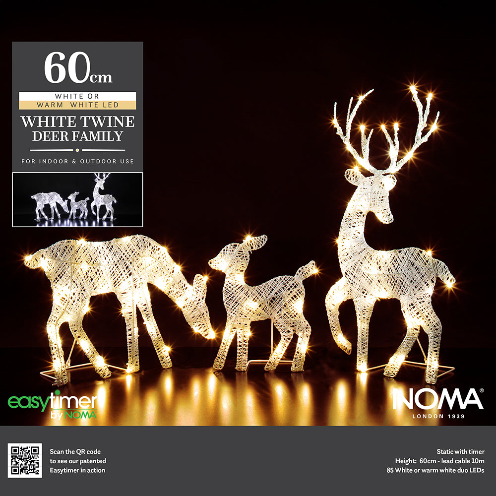 60cm White Twine Two Dimensional Deer Family - 85 LEDs