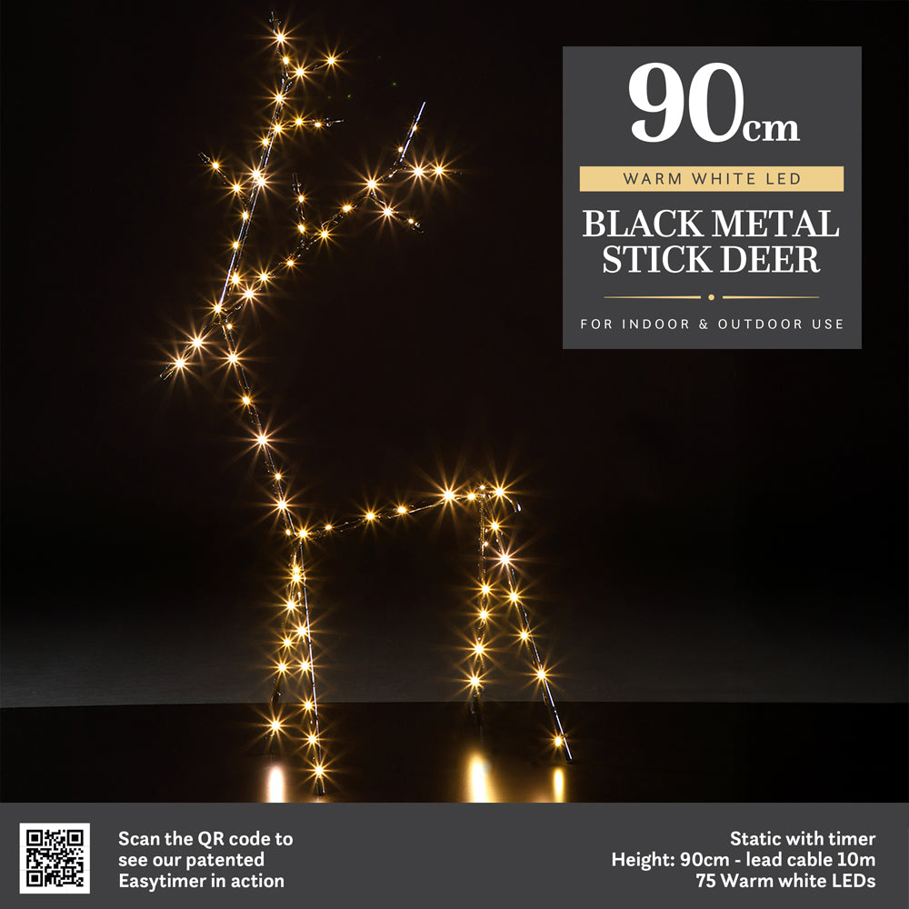 90cm Black Metal Stick Deer - 75 Warm White LEDs