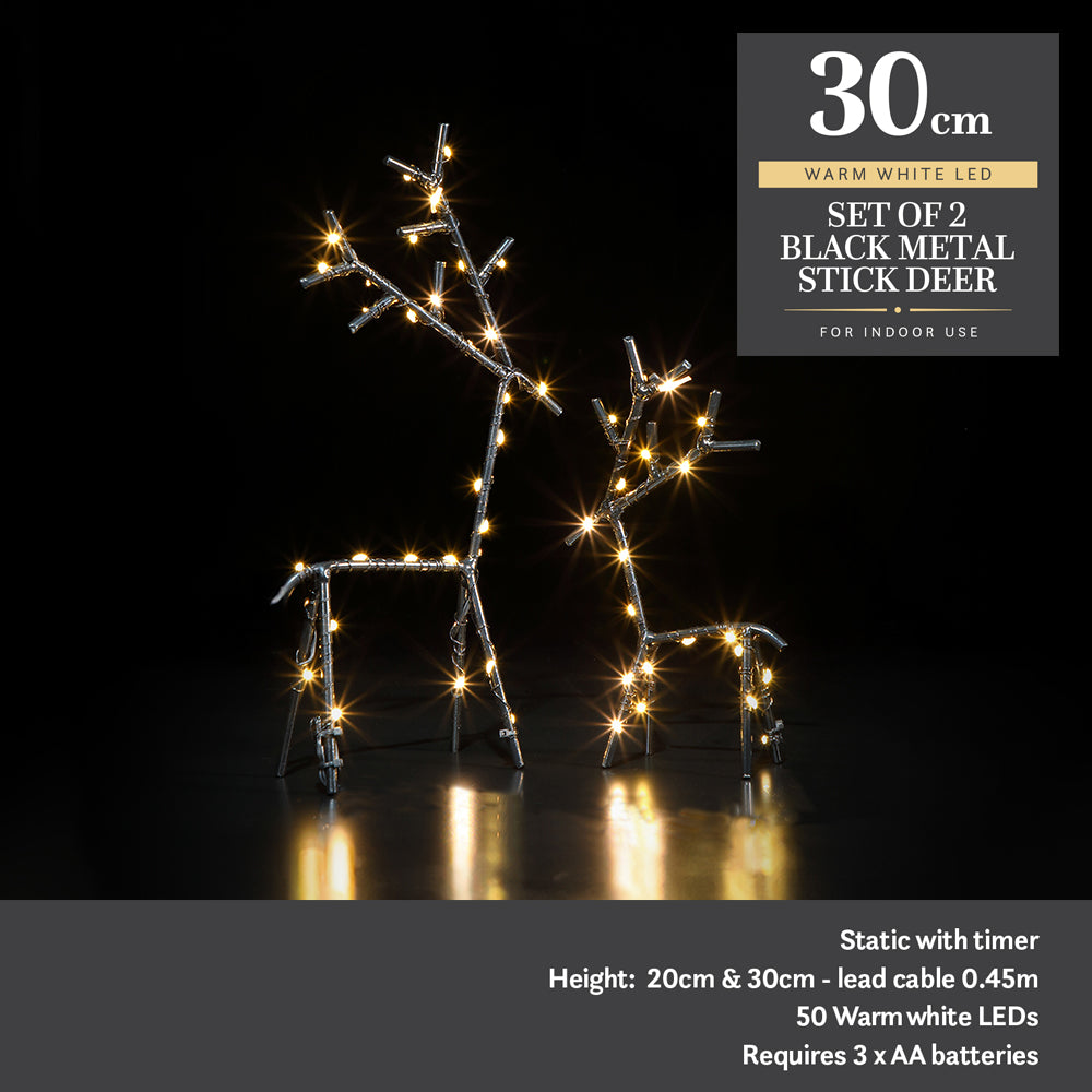Set of 2 Black Metal Stick Deer - 50 LEDs