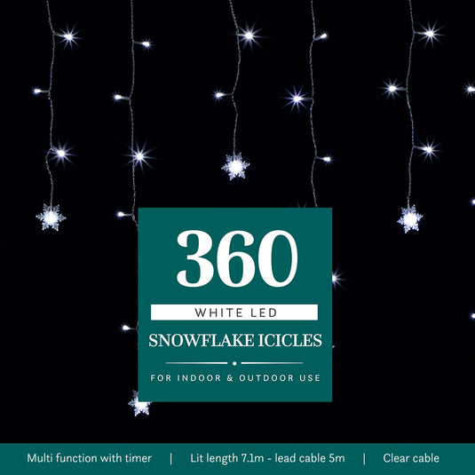 360 White Snowflake Icicle Lights with Clear Cable
