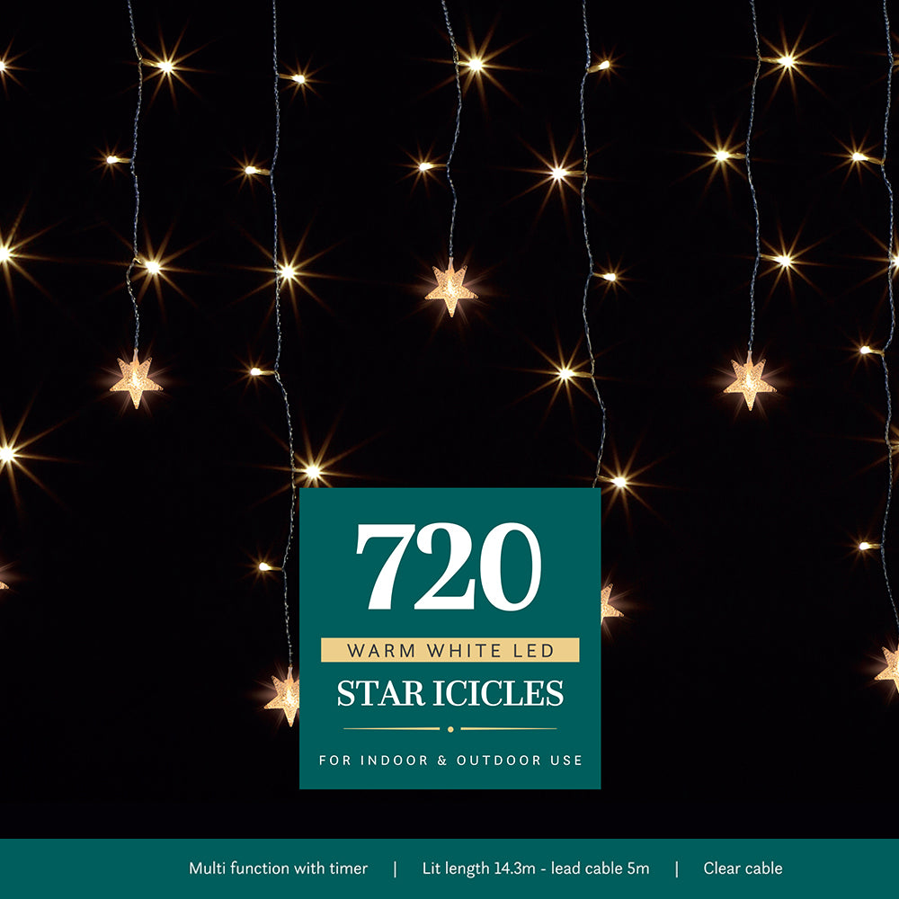 720 Warm White Star Icicle Lights with Clear Cable