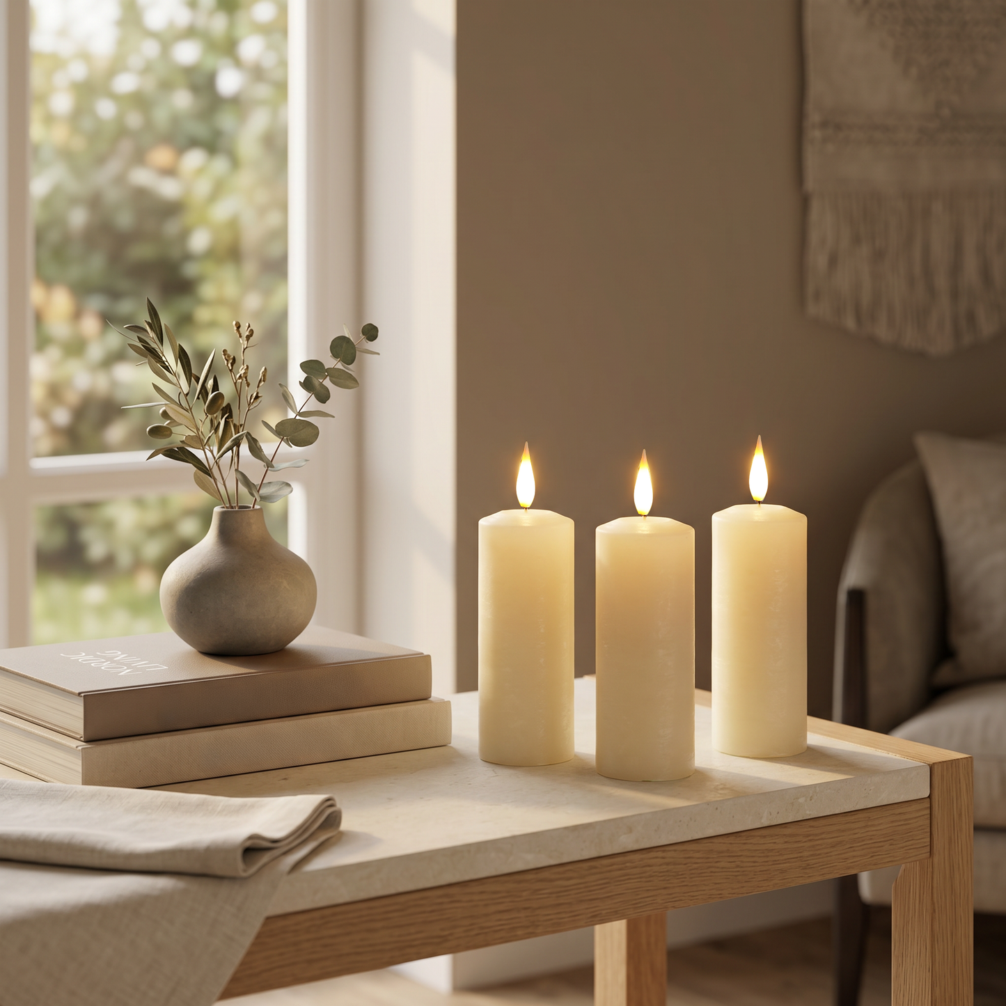 Set of 3 Slim Ivory Pillar Candles