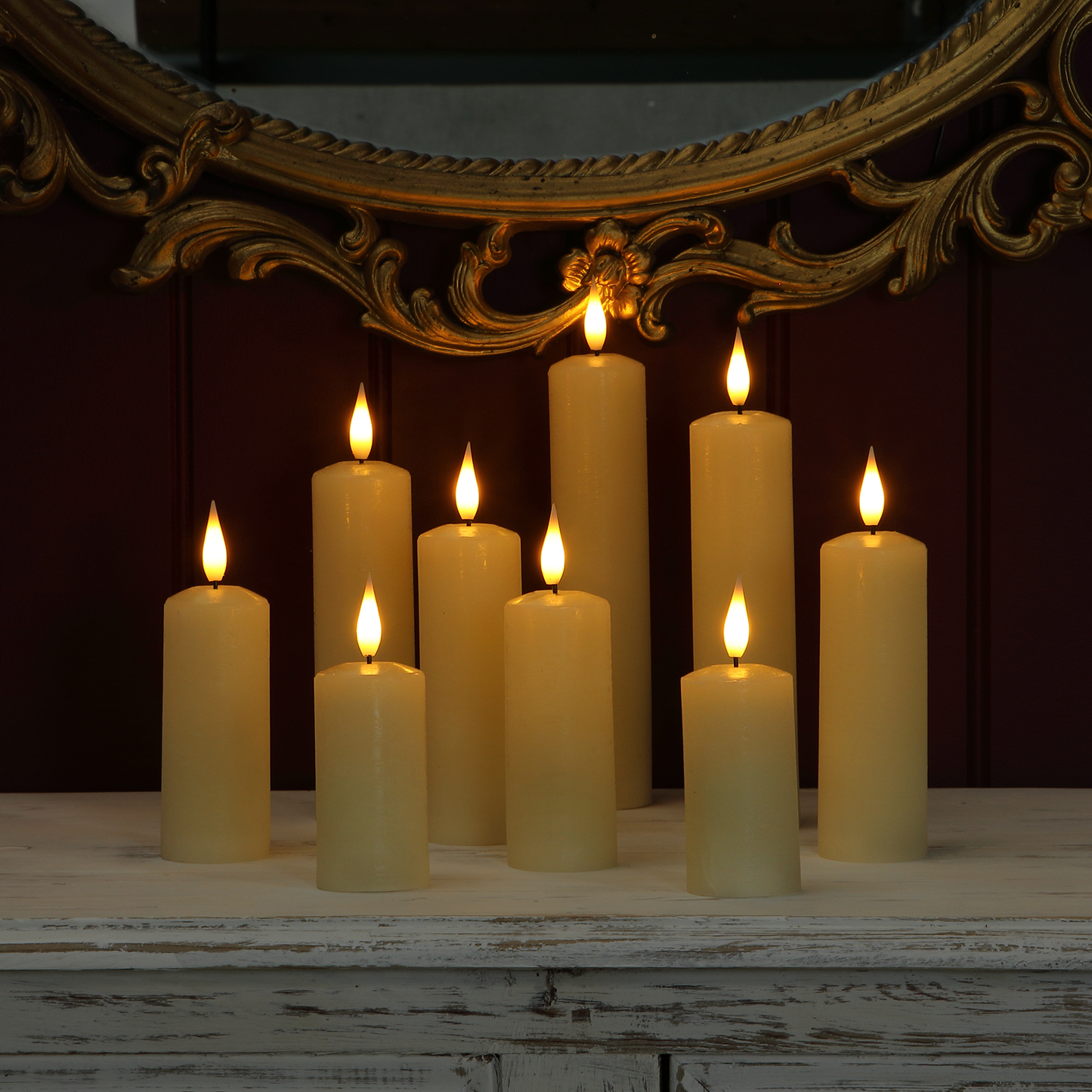 Set of 9 Slim Ivory Pillar Candles