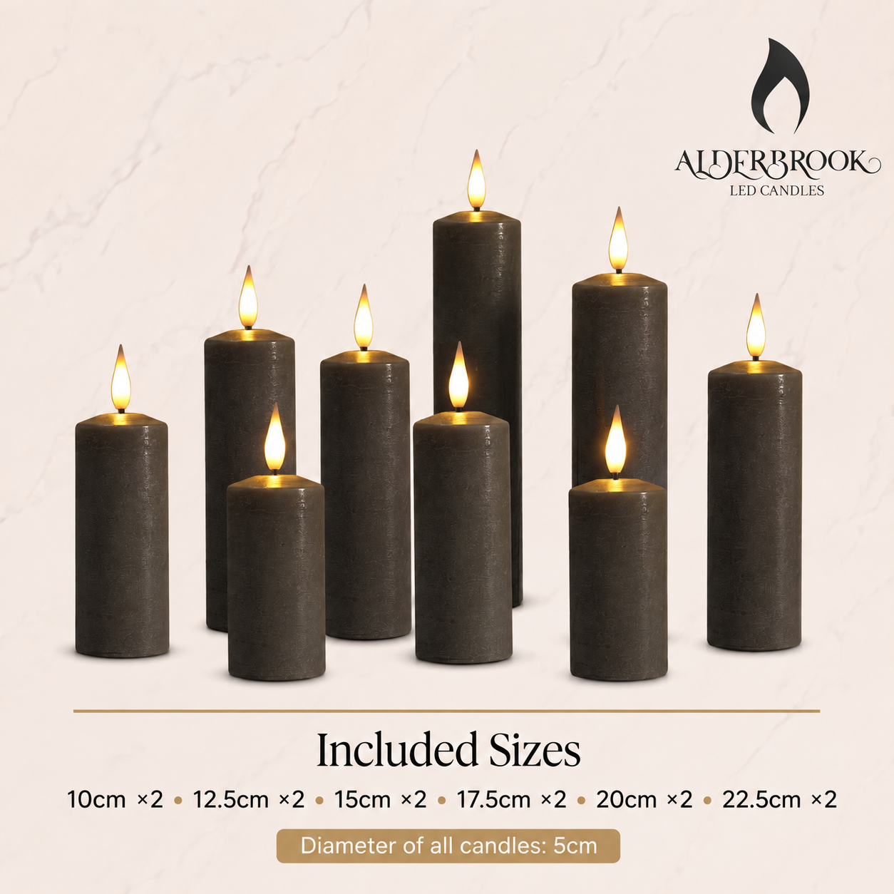 Set of 9 Slim Pewter Pillar Candles