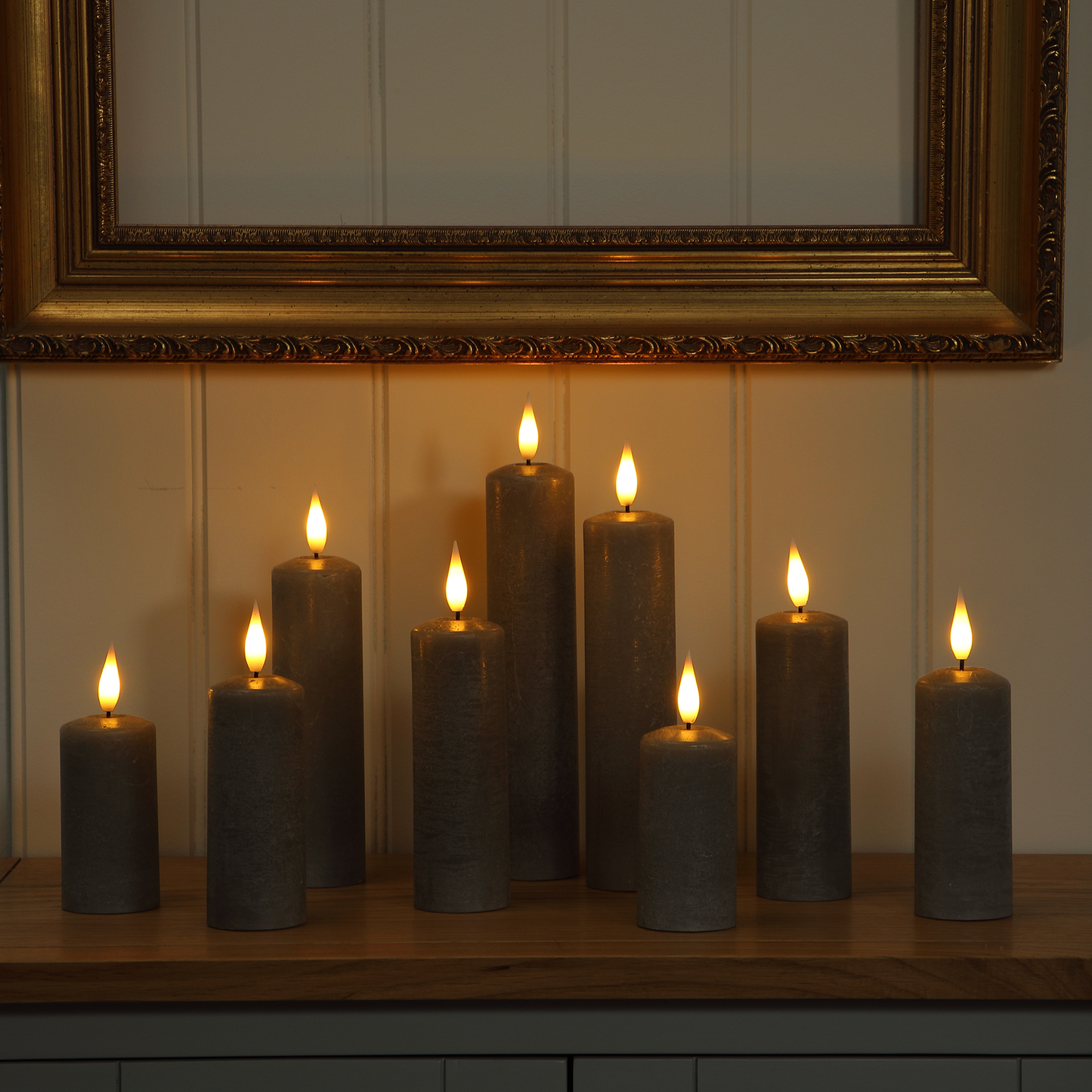 Set of 9 Slim Pewter Pillar Candles