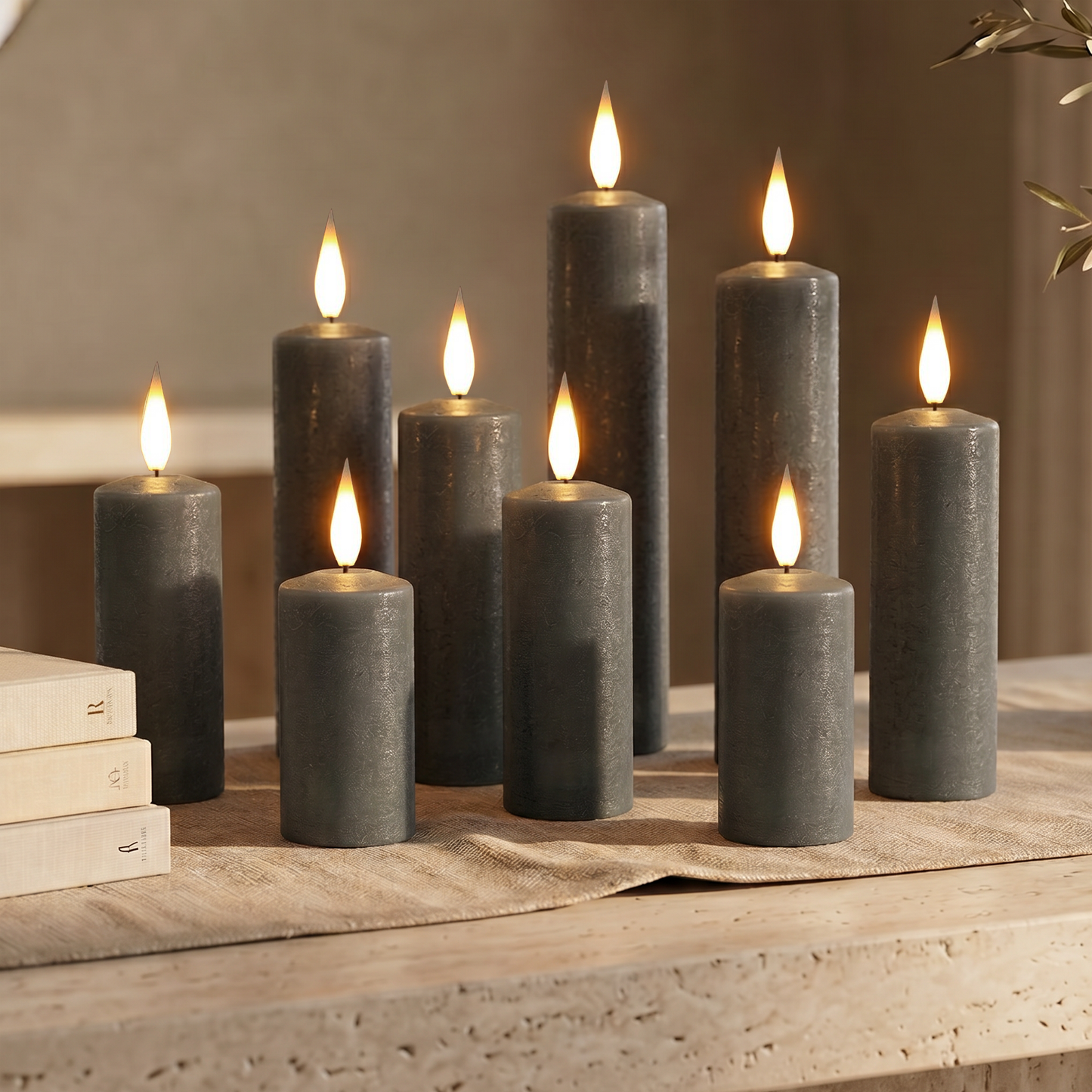 Set of 9 Slim Pewter Pillar Candles