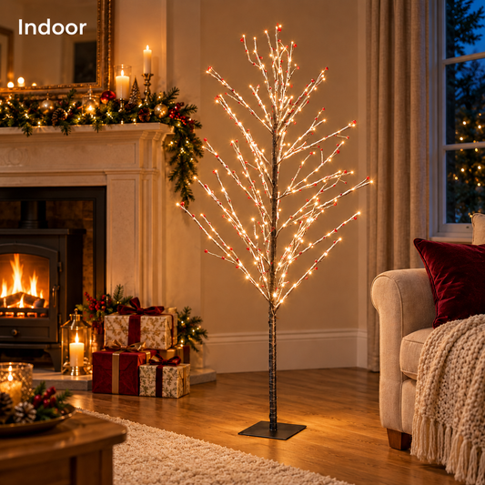 1.5M Warm White Snowy Twig Tree With Berries - 180 LEDS