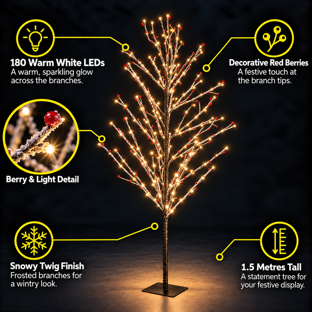 1.5M Warm White Snowy Twig Tree With Berries - 180 LEDS