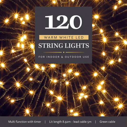 120 Warm White Multifunction String Lights With Green Cable