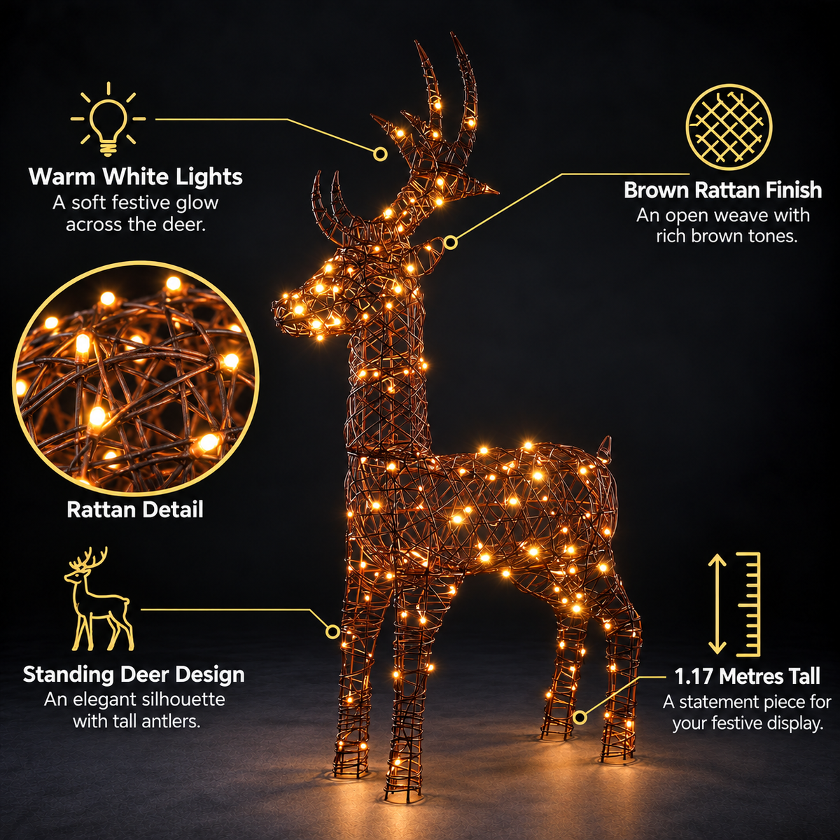 1.17M Brown Rattan Standing Deer