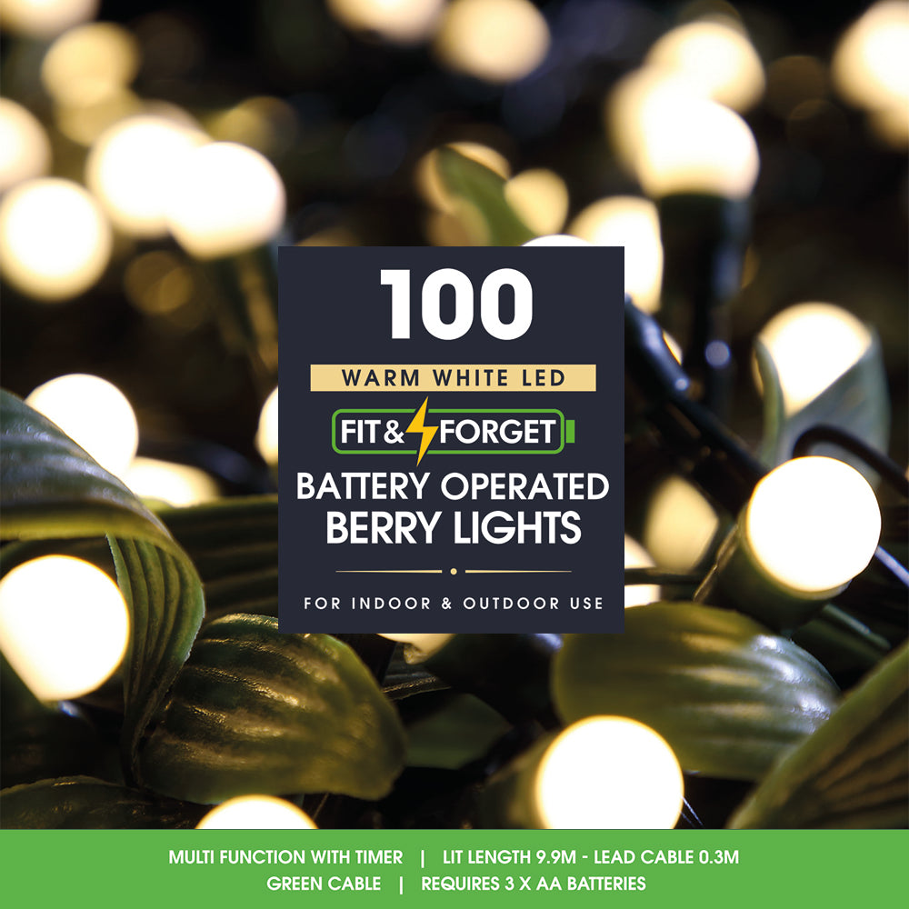 100 Fit & Forget Warm White Multifunction Berry Lights