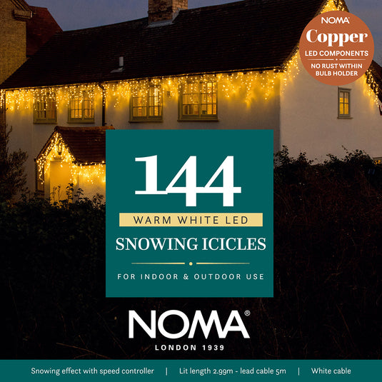 144 Warm White Snowing Icicles With White Cable