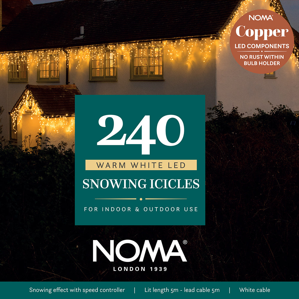 240 Warm White Snowing Icicles with White Cable