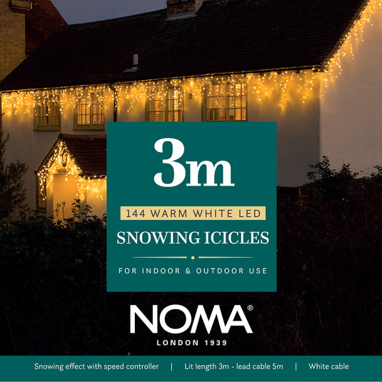 3M Warm White Snowing Icicles With White Cable - 144 LEDS