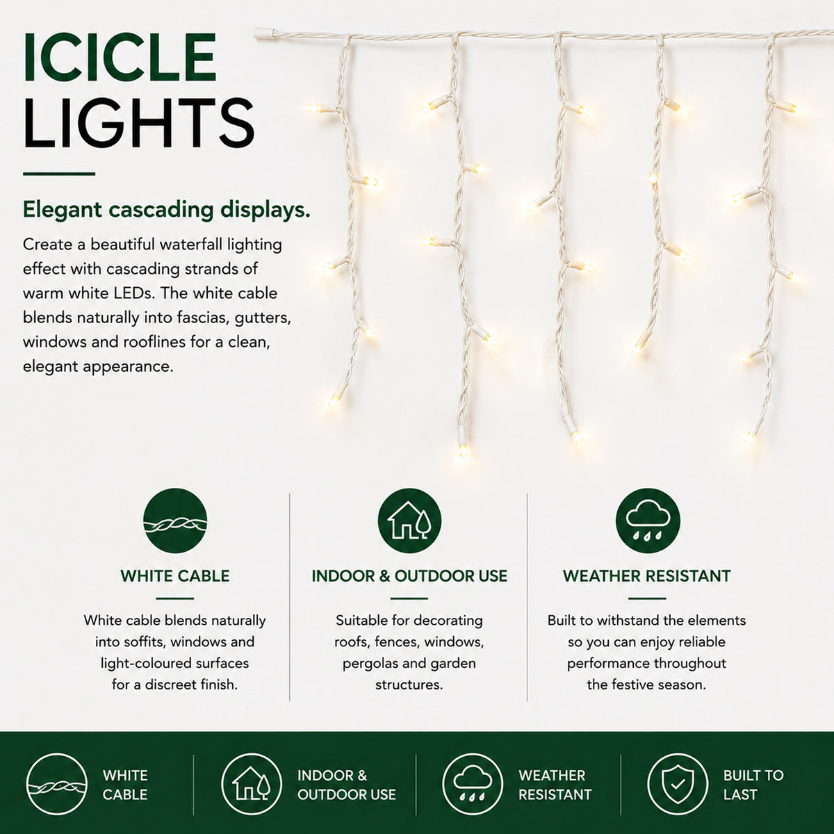 7.5M WARM WHITE SNOWING ICICLES WITH WHITE CABLE - 360 LEDS