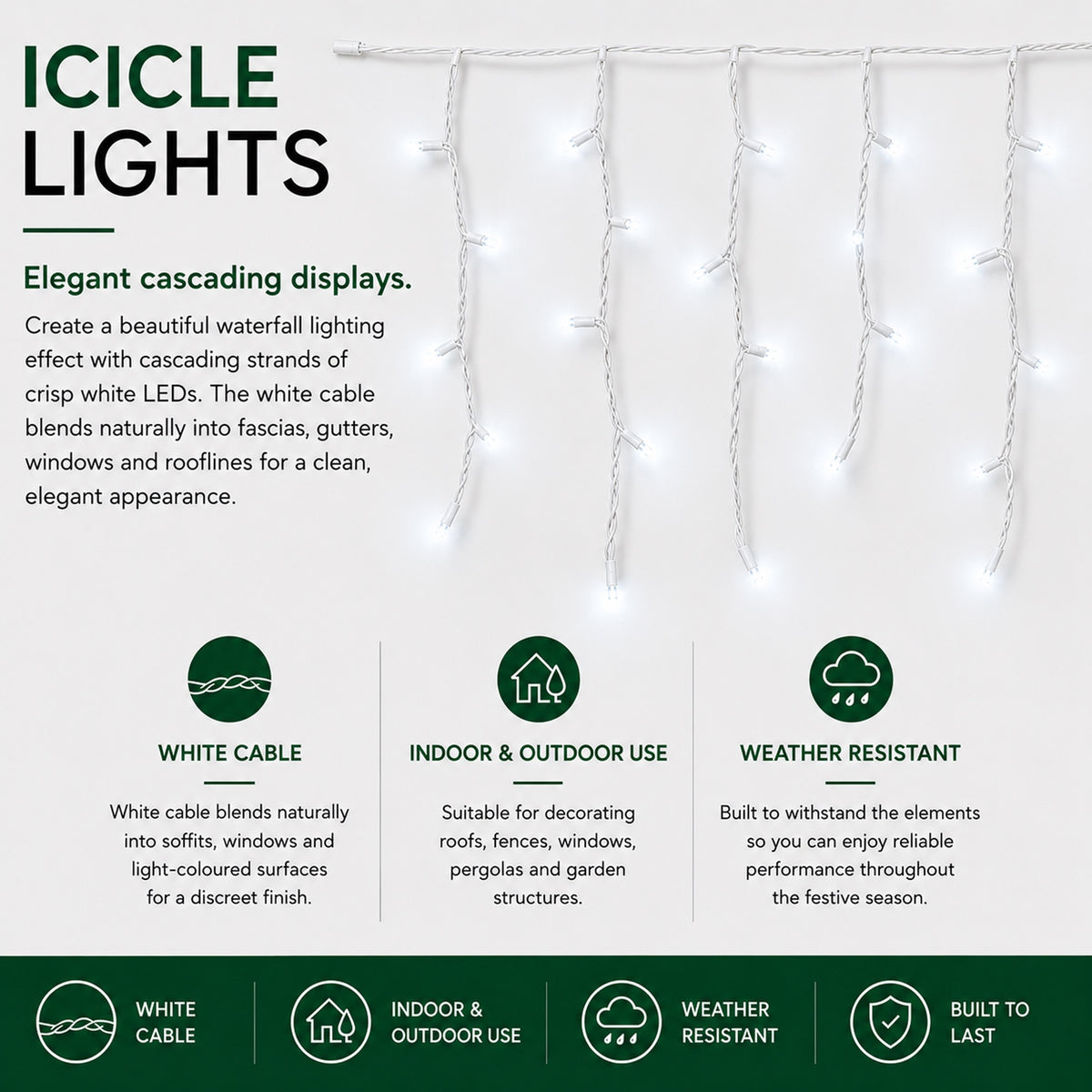 5M White Snowing Icicles With Whtie Cable - 240 LEDS
