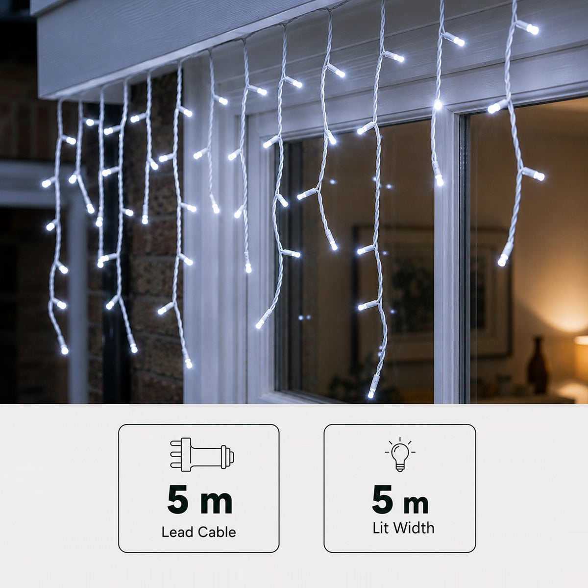 5M White Snowing Icicles With Whtie Cable - 240 LEDS
