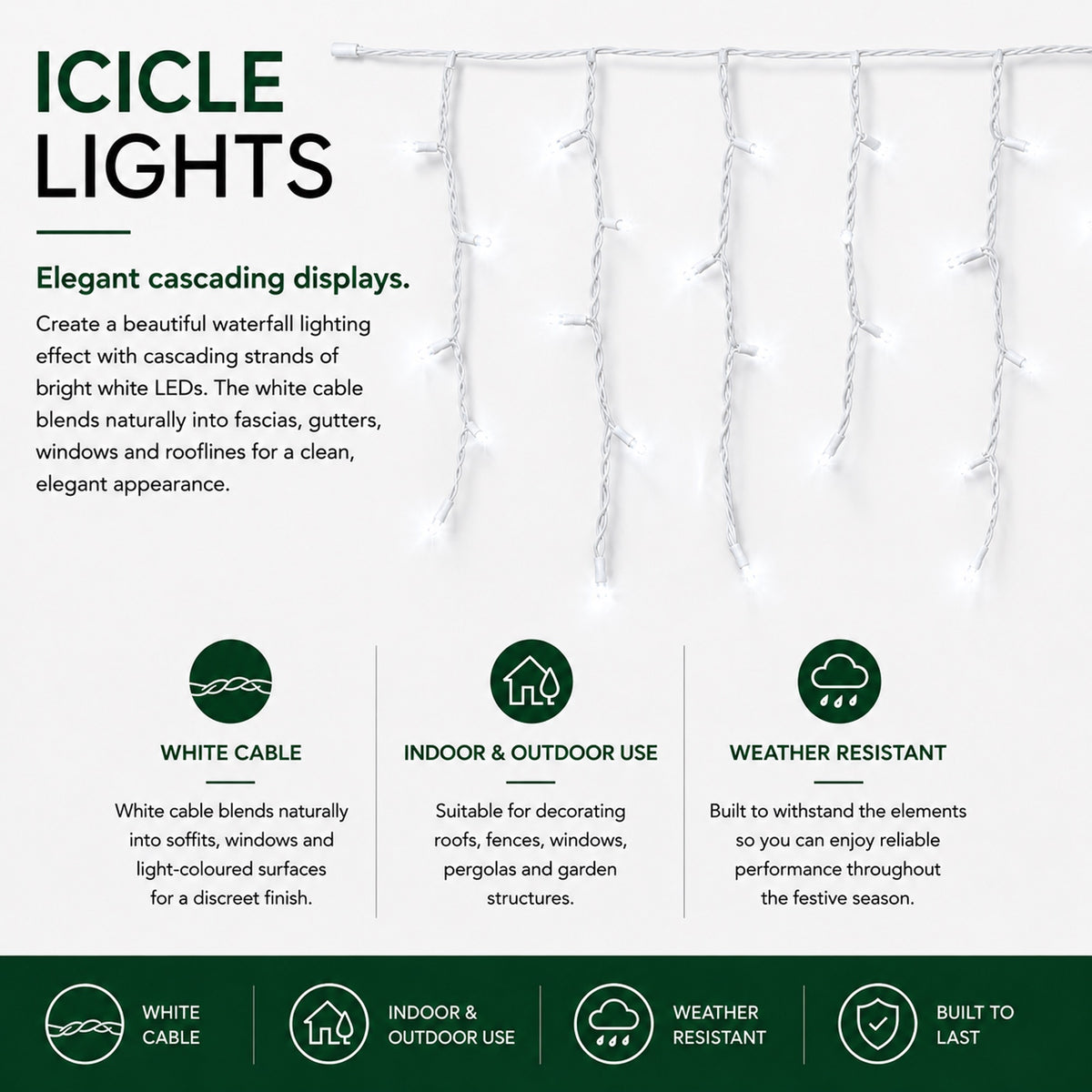15M White Snowing Icicles With Whtie Cable - 720 LEDS
