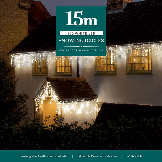 15M White Snowing Icicles With Whtie Cable - 720 LEDS