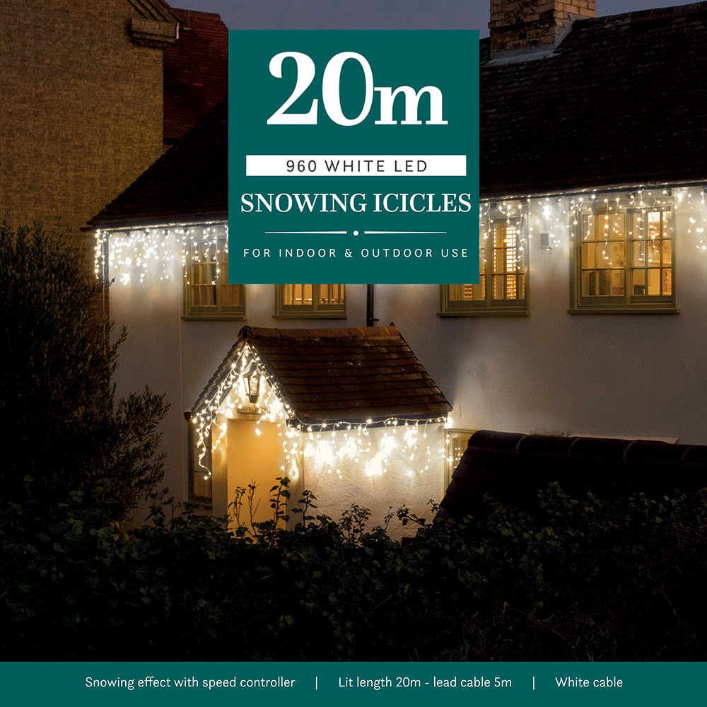 20M White Snowing Icicles With White Cable - 960 LEDS