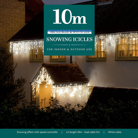 10M White/Ice Blue Snowing Icicles With White Cable - 480 LEDS