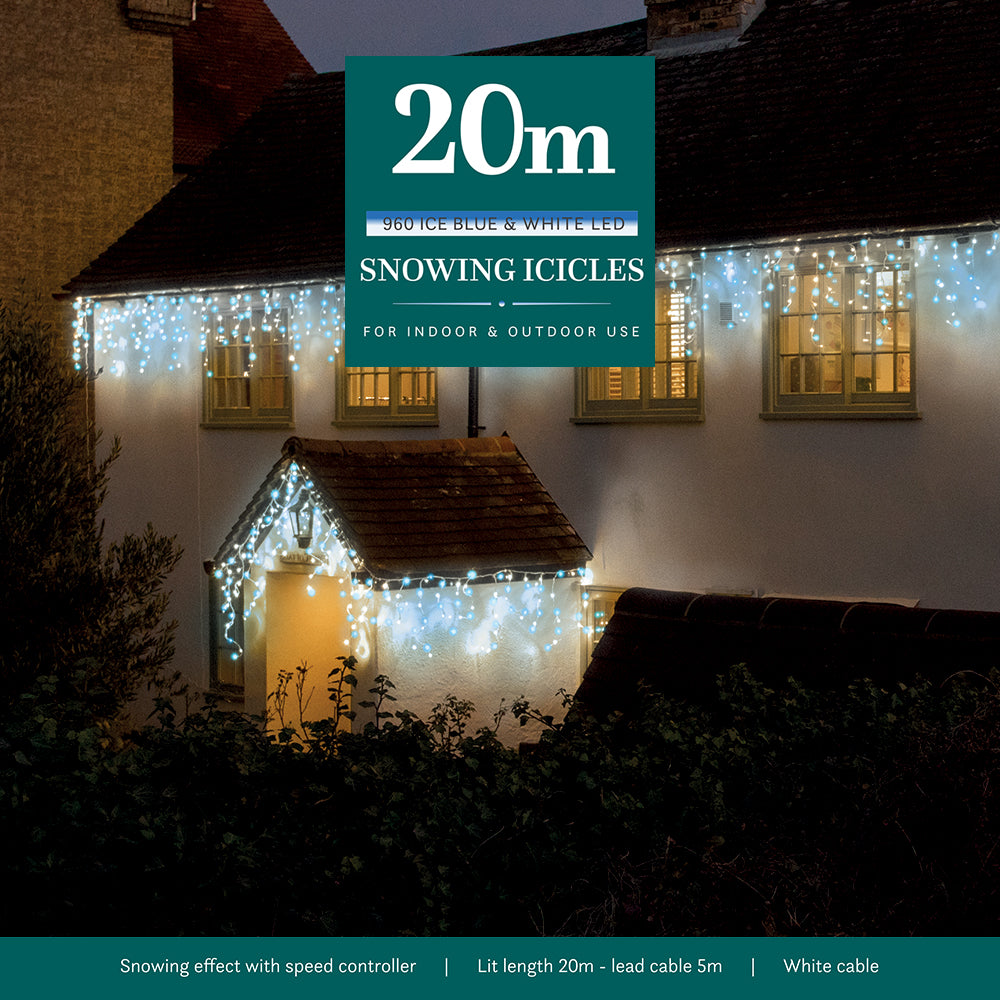 20M White/Ice Blue Snowing Icicles With White Cable - 960LEDS