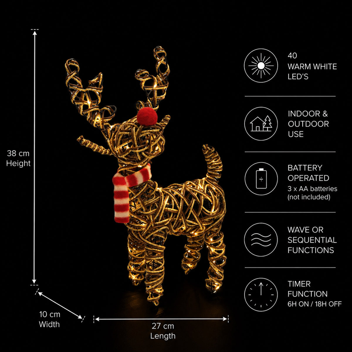 38cm Brown Wicker Rudolph With 40 LED's