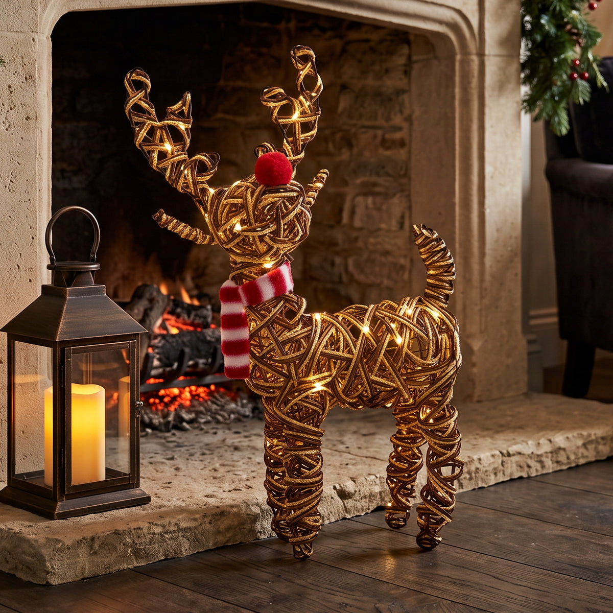 38cm Brown Wicker Rudolph With 40 LED's