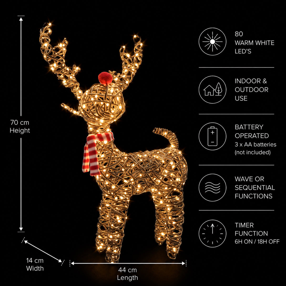 70cm Brown Wicker Rudolph With 80 LED's