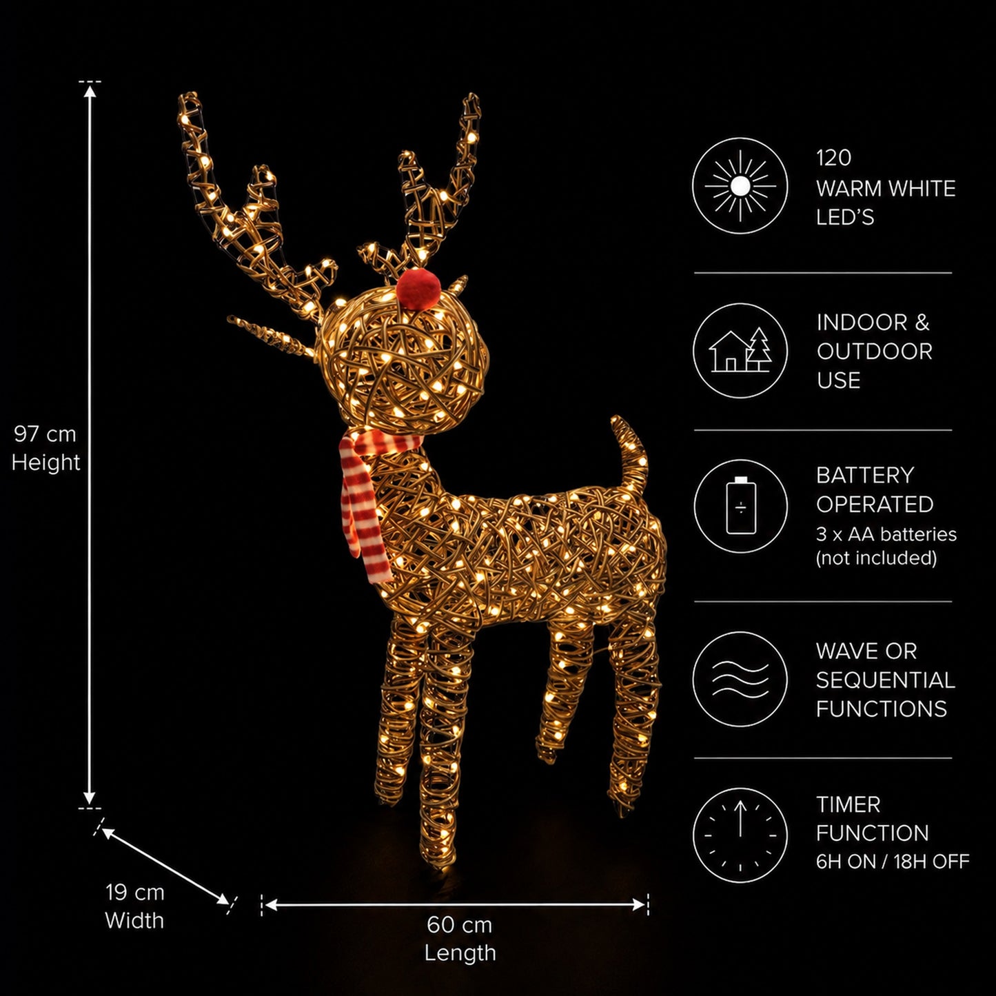 97cm Brown Wicker Rudolph With 120 LED's