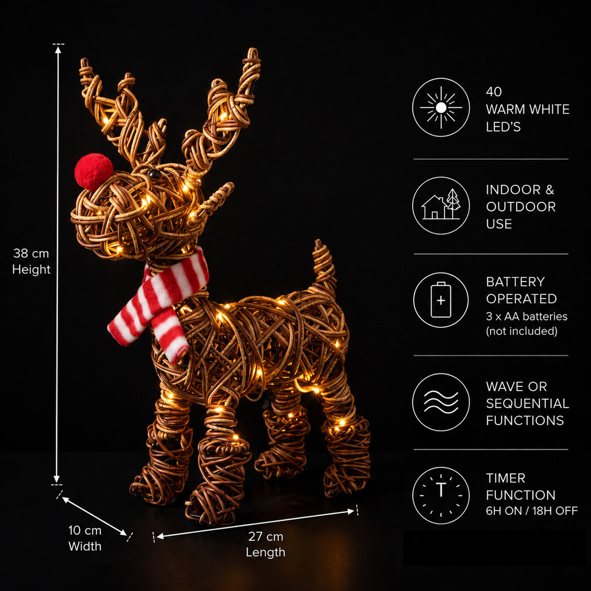 38cm Brown Wicker Rudolph In Boots With 40 LED's