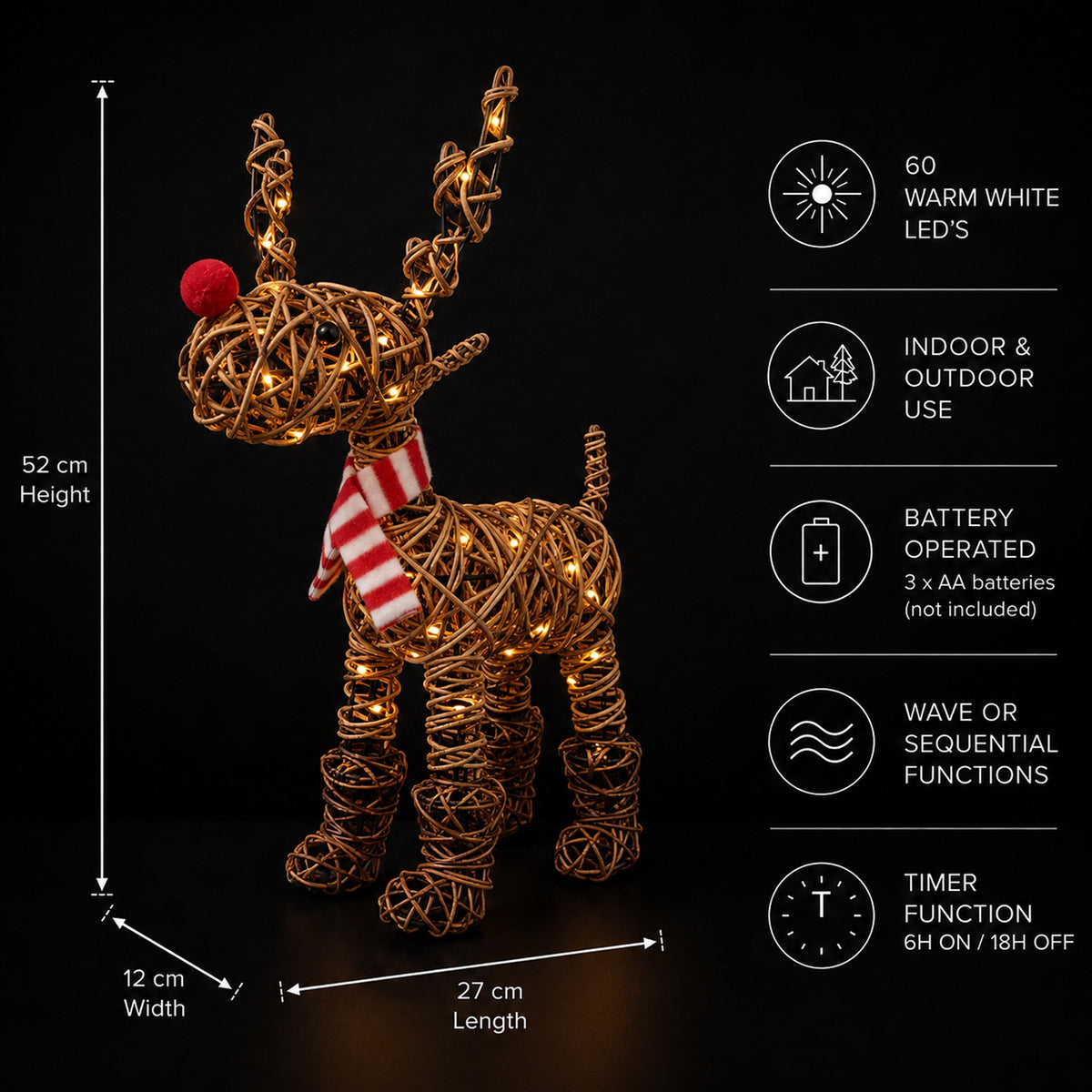 52cm Brown Wicker Rudolph In Boots With 60 LED's
