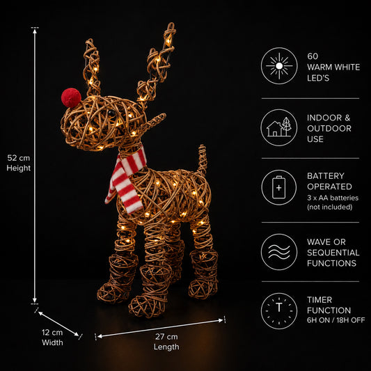 52cm Brown Wicker Rudolph In Boots With 60 LED's