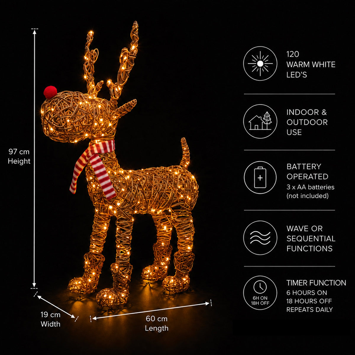 97cm Brown Wicker Rudolph In Boots With 120 LED's