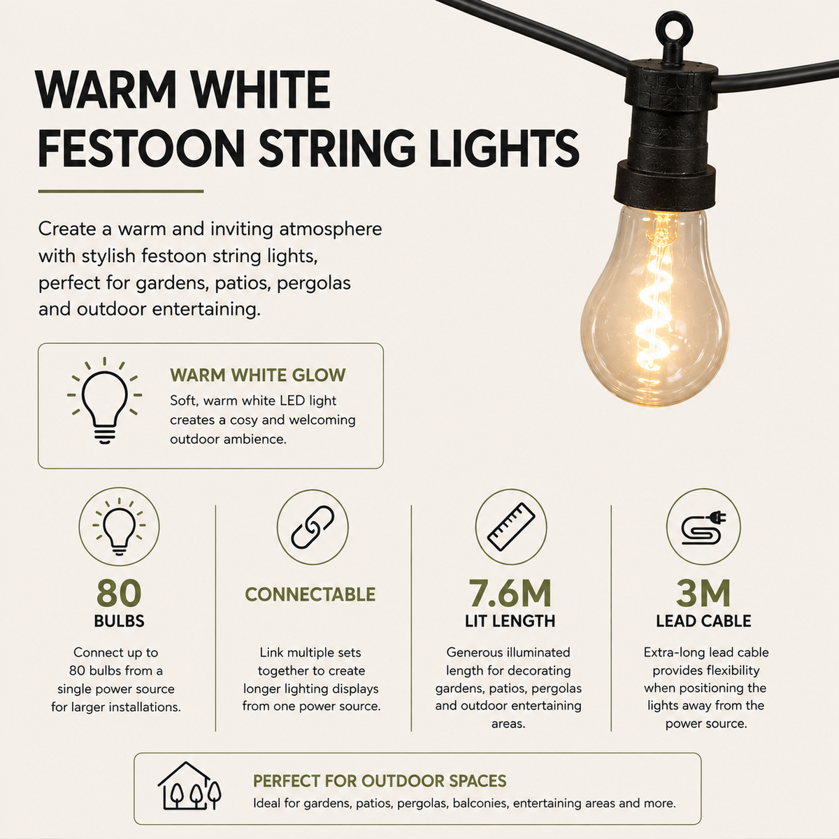 20 Connectable LED Spiral Filament Bulb Festoon