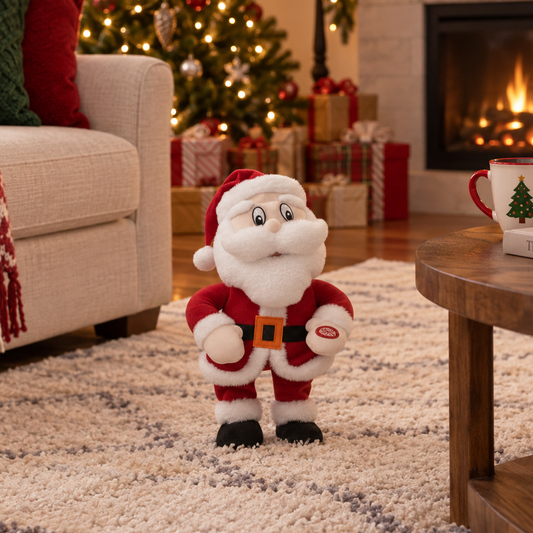 A small Santa Claus figurine stands on a cream rug in a cozy living room with a fireplace, decorated Christmas tree, wrapped gifts, and a fireplace mantel in the background.