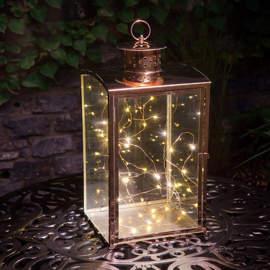 Modern Metallic Glass Lantern with Copper Wire Lights