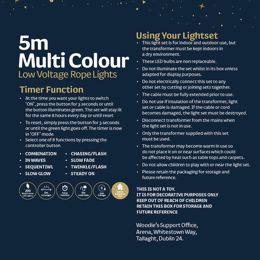 5M Micro 200 LED Rope Cable Light - Multi  Colour