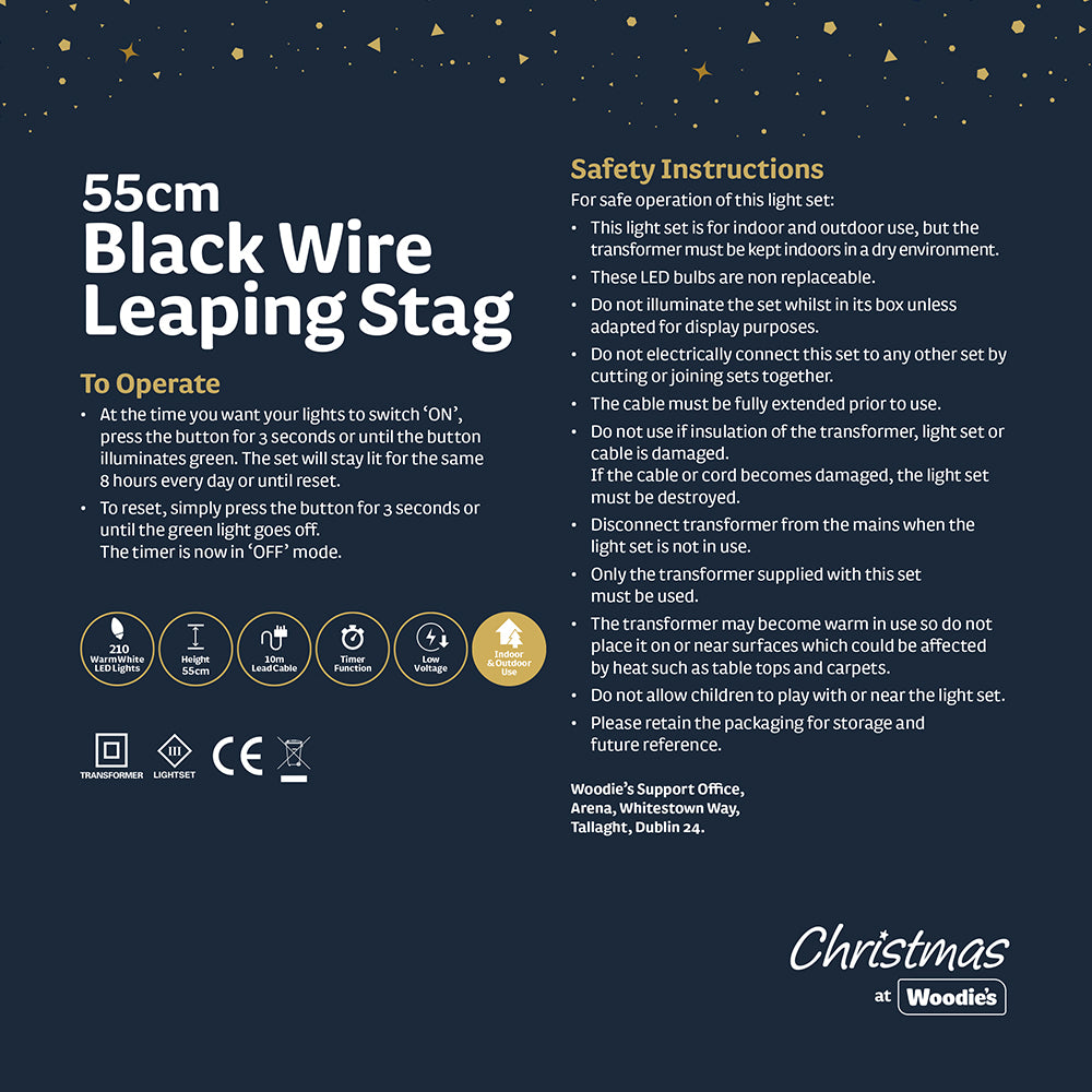 55CM Black Wire Leaping Stag with Branch Antlers - 210 LEDs