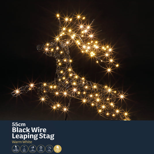 55CM Black Wire Leaping Stag with Branch Antlers - 210 LEDs