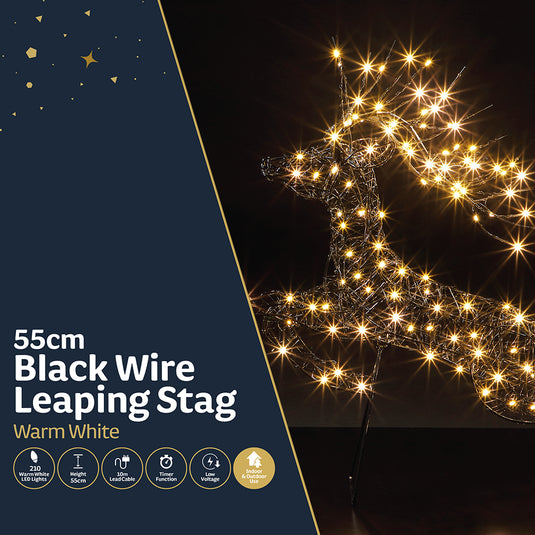 55CM Black Wire Leaping Stag with Branch Antlers - 210 LEDs