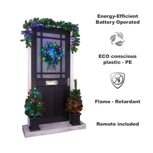 Colour Changeable Door Set with Wreath, Garland and 2 Trees - 200 LEDs